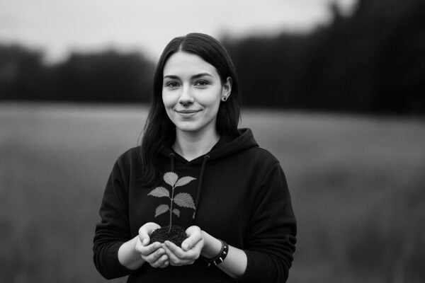 Weiblicher Metalhead mit einen kleinem Bäumchen zum Einsetzen.